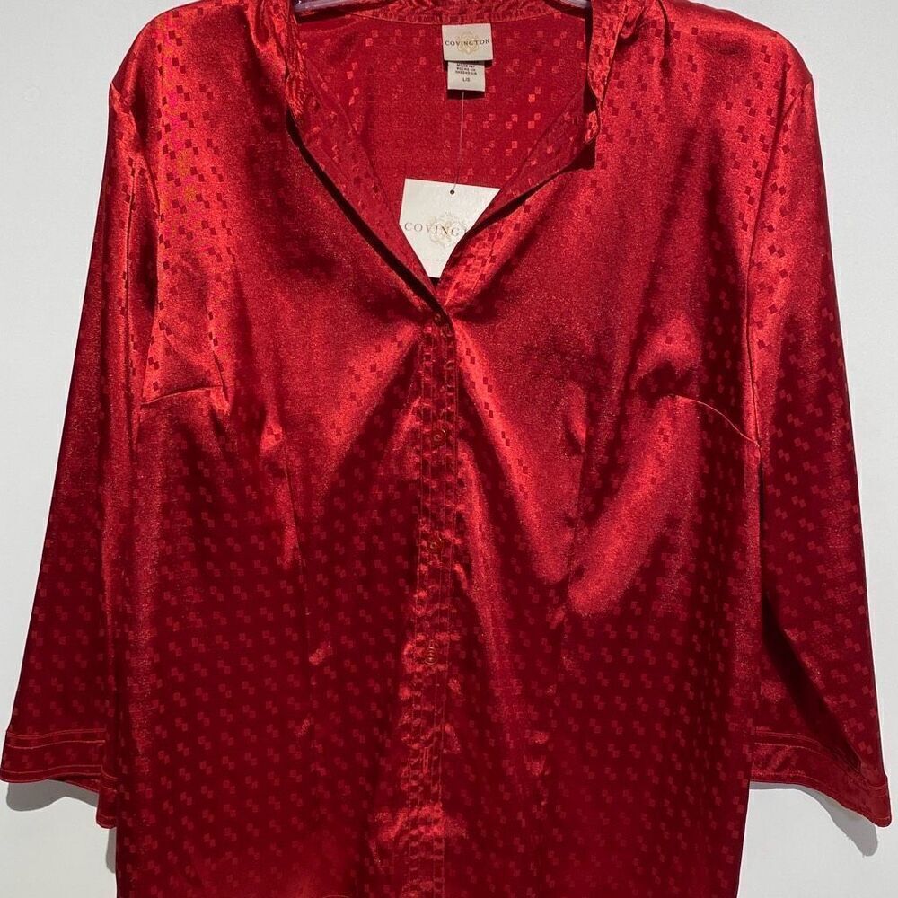 Covington Red Satin Jacquard Button Down Blouse 3/4 Sleeve Womens Large NEW